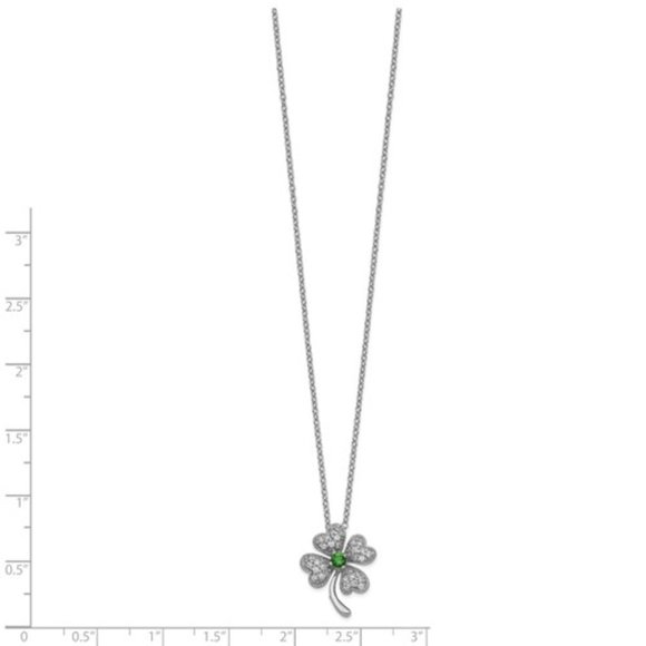 925 Sterling Silver Green Glass and White CZ Four Leaf Clover Shamrock Necklace - Picture 3 of 4
